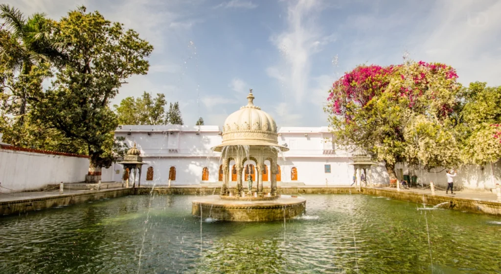 "A serene fountain in Saheliyon Ki Bari, a popular tourist attraction in Udaipur"